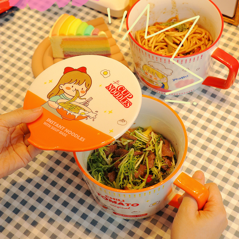 Dim Sum Basket - ชามราเม็งกึ่งสำเร็จรูปลายการ์ตูนพร้อมฝาปิด 950 มล. ชามสลัดเซรามิก ถ้วยซุปมีหูจับ กล่องข้าวกลางวันสำหรับนักเรียน/พนักงานออฟฟิศ